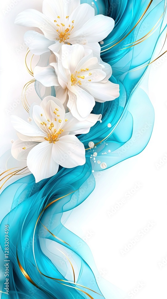 Naklejka premium Blue and white background with three white flowers on a blue-gold wave below