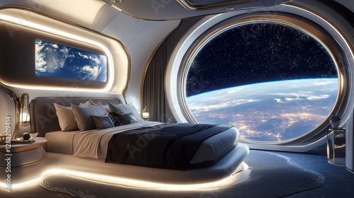 Wallpaper Mural Luxury Space Habitation: An interior view of a luxurious space habitat bedroom, showcasing a panoramic view of Earth, a modern bed, and advanced technology elements. Torontodigital.ca