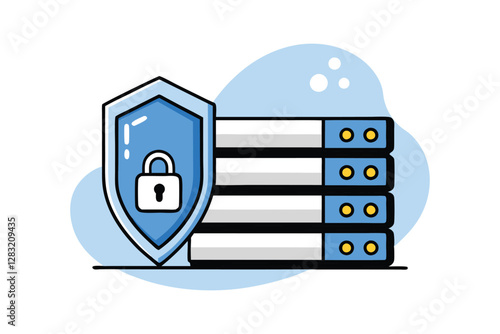 Vector art illustration of a server rack with a shield icon in front.eps