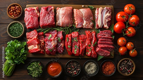 Assortment of raw meat on a wooden table top view