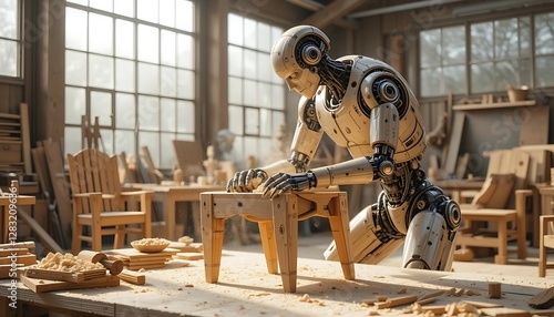 Robot Craftsman Building Wooden Stool in Workshop