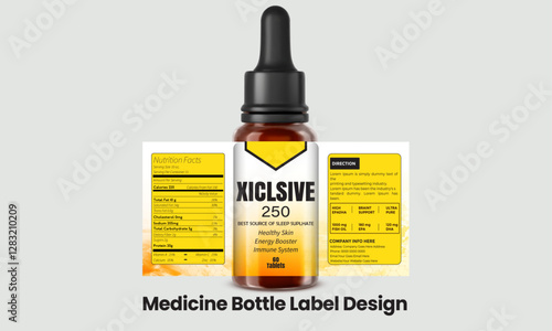 
A medicine dropper bottle featuring a custom label design with nutritional facts and product details is ideal for branding supplements or medicines.