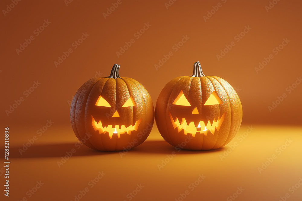 Spooky Halloween Pumpkin Duo: Two carved pumpkins with glowing faces stand side by side, emitting an eerie, festive glow, creating a captivating seasonal ambiance. Spooky Halloween Pumpkin Duo: Two carved pumpkins with glowing faces stand side by side, emitting an eerie, festive glow, creating a captivating seasonal ambiance.