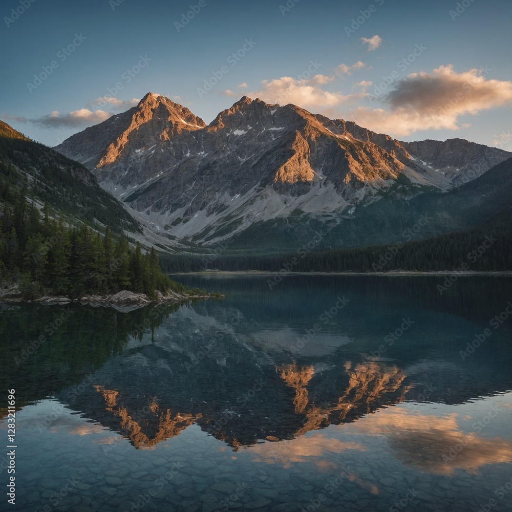 Obraz premium A mesmerizing mountain range reflecting in a glassy lake at dawn.