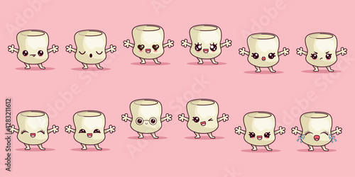 Set of funny marshmallow character in kawaii style with different emotions. Mascot character vector illustration