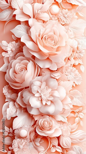   Pink background with flowers on top and leaves at the bottom