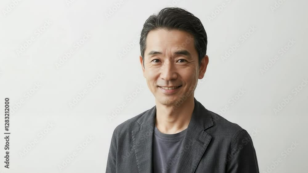 白い背景。スーツをラフに着た、笑顔の50代くらいの日本人 白い背景。スーツをラフに着た、笑顔の50代くらいの日本人