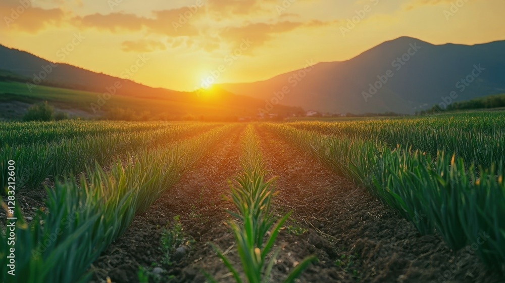 Row on the onion spring farming with mountain and sunset background. Farm is far from village, organic growing, waiting for harvest season. Onion farming ...