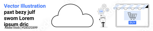 Cloud outline, robotic arm with AI gears, and online storefront. Ideal for cloud computing, AI technology, online shopping, automation, e-commerce, web services flat landing page banner