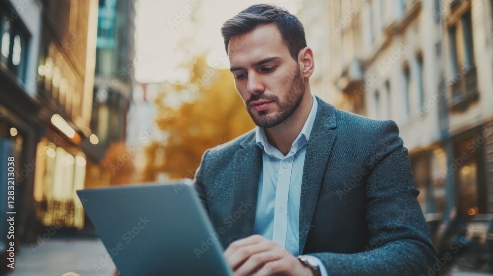 Fototapeta premium Urban businessman stylish demeanor plans corporate strategies. Isolation and Loneliness Rise in Remote Work Settings. Man embodies drive success fast-paced business world