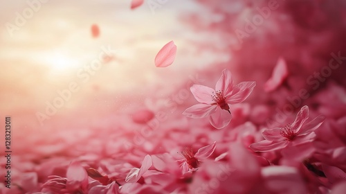 A poetic depiction of cherry blossom petals floating gently in soft golden sunlight. The dreamy and romantic atmosphere highlights the fragility of nature, evoking a sense of calm and renewal
