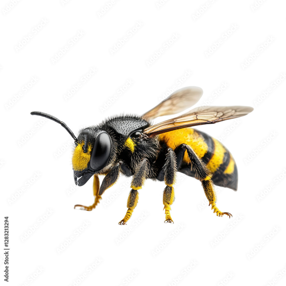 Detailed close-up of a vibrant yellow and black bee Detailed close-up of a vibrant yellow and black bee