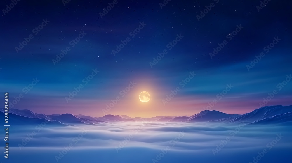 Fototapeta premium Serene Moonlit Landscape Over Gentle Clouds at Dusk with Twilight Colors and Starry Sky