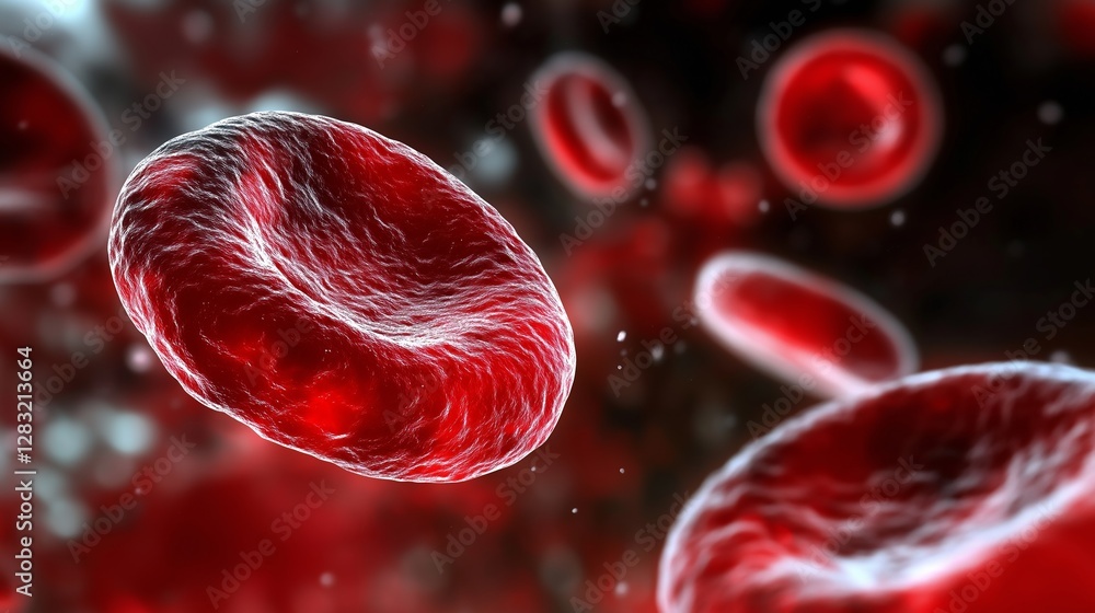 Fototapeta premium A highly detailed, dynamic 3D medical illustration of red blood cells in circulation, depicting their structure and movement through the bloodstream. A concept of health, science, and human anatomy