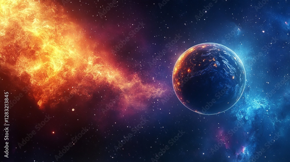 Exoplanet With Fiery Nebula. Concept Of Deep Space Exploration. Exoplanet With Fiery Nebula. Concept Of Deep Space Exploration.