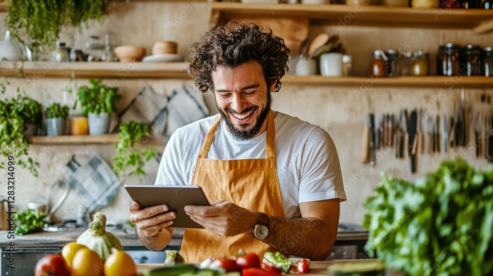 Fototapeta premium A happy male freelancer laughs and uses a tablet in a kitchen setting.