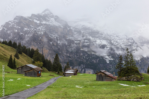 Traditional Chalets of Murren village and Jungfrau montain at spring
