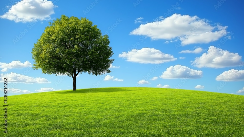A picturesque view of a single, lush green tree standing atop a rolling grassy hill under a bright blue sky with scattered white clouds. The image conveys themes of nature, peace, and solitude A picturesque view of a single, lush green tree standing atop a rolling grassy hill under a bright blue sky with scattered white clouds. The image conveys themes of nature, peace, and solitude