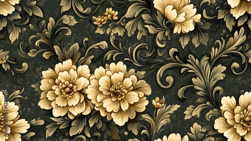 A seamless vintage damask floral pattern, featuring stylized chrysanthemums and lilies with elegant curving vines and filigree embellishments.