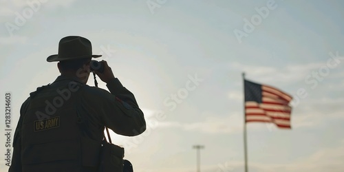 A man in military uniform with binoculars observes the horizon