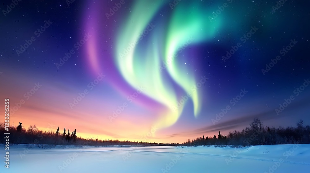 Fototapeta premium Stunning Aurora Borealis Lights Over Calm Frozen River at Twilight in Winter Season