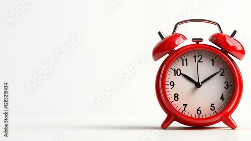 Classic red alarm clock on white background.