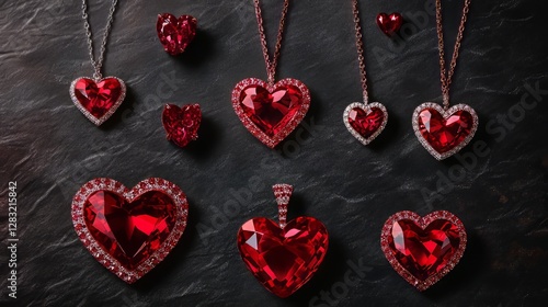 Ruby Red Heart Pendants On Dark Slate Background. Valentine'S Day Jewelry. Love And Romance Concept.