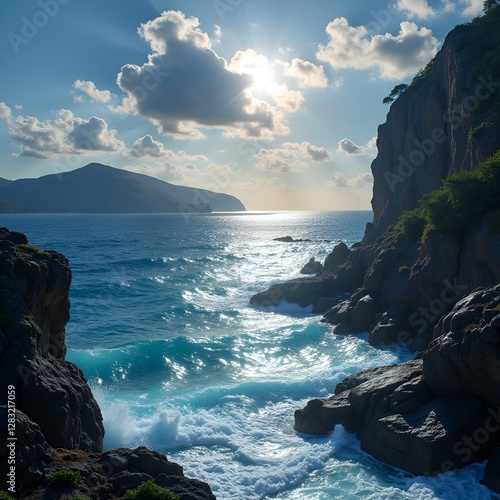 Dramatic Coastline with Rough Waves Crashing Against Rocky Cliffs Under a Sunlit Sky