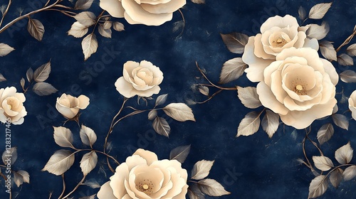 Fototapeta Naklejka Na Ścianę i Meble -  A vintage floral tapestry with dusky roses in soft ivory and warm beige tones, arranged in graceful garlands over a rich navy blue background.