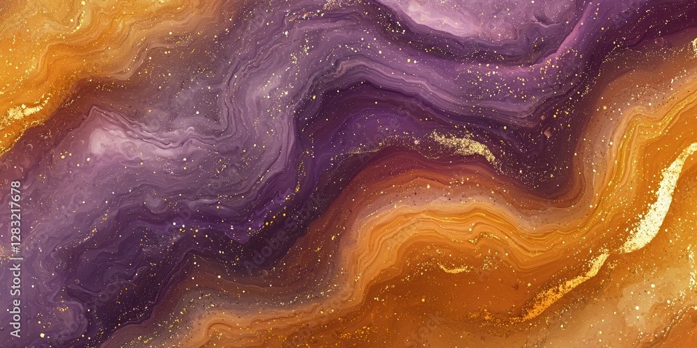 Obraz premium A beautiful illustration of an abstract marble pattern with purple, orange, and gold swirls, featuring glittery, sparkly textures