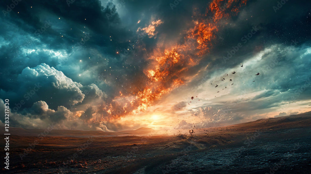 Fototapeta premium A fiery sky covers the surreal landscape with dark clouds
