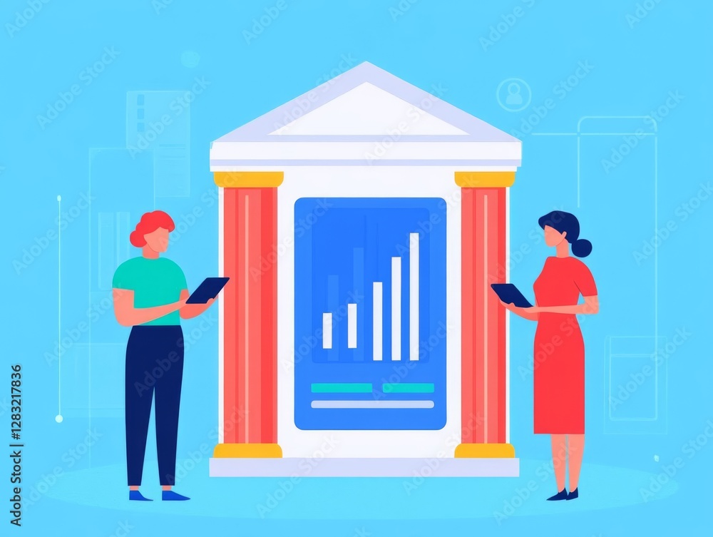 Two professionals analyzing data on tablets beside a column structure. Two professionals analyzing data on tablets beside a column structure.