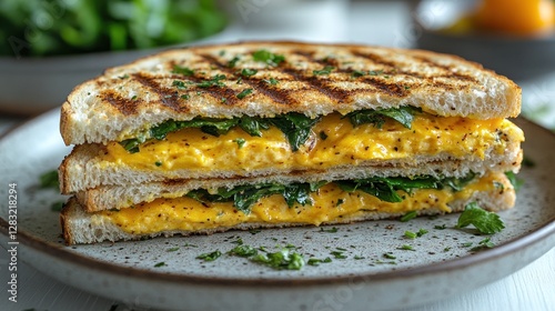 Grilled Cheese Sandwich with Scrambled Eggs, Spinach, and Cheese on Plate photo