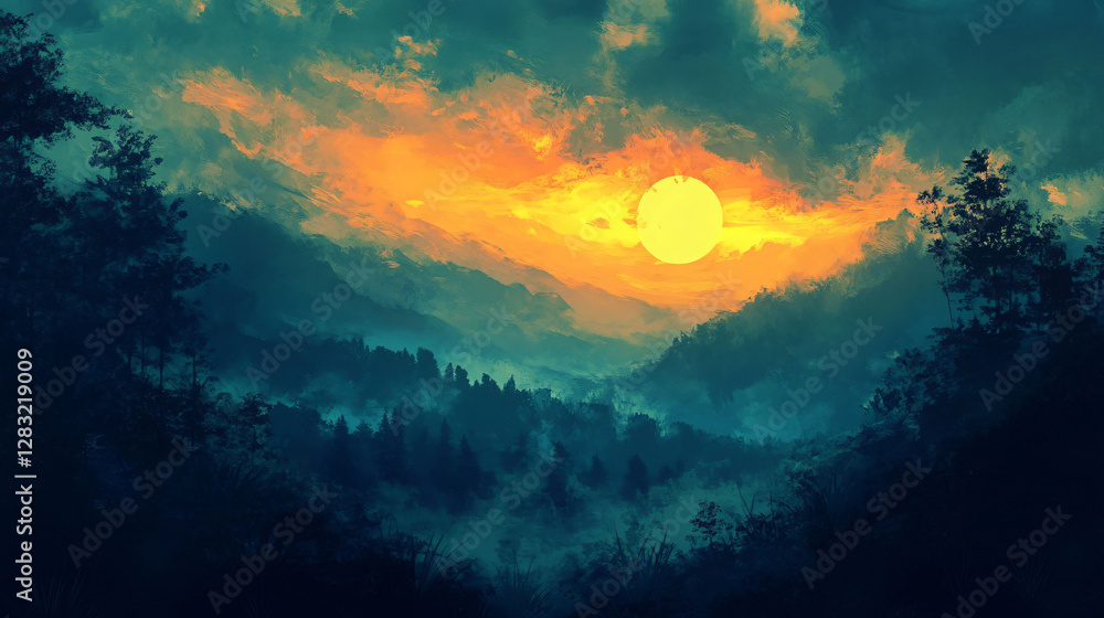 Fototapeta premium A brilliant sunset illuminates a mountainous forest landscape at dusk