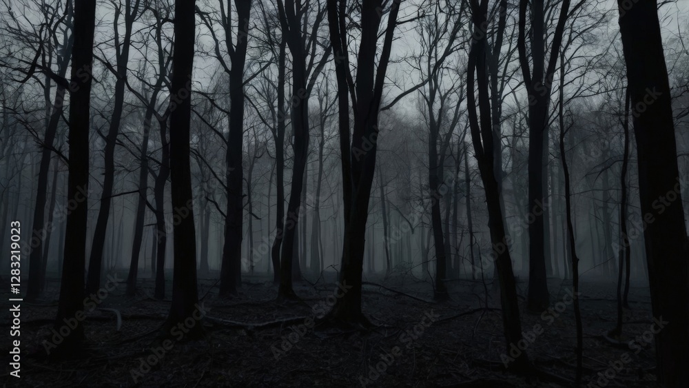 Fototapeta premium Dark horror forest background with a foggy