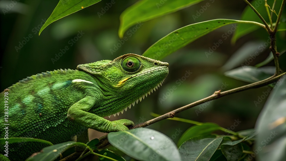 Obraz premium Chameleon's Camouflage: A vibrant green chameleon blends seamlessly with its leafy surroundings, showcasing nature's incredible camouflage in a detailed close-up.