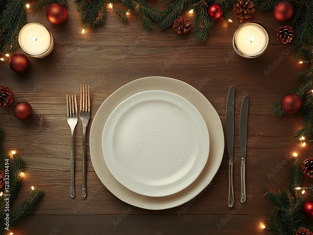 Elegant Christmas Dining Table Setting With Empty Plates Surrounded By Festive Decor And Candles Elegant Christmas Dining Table Setting With Empty Plates Surrounded By Festive Decor And Candles