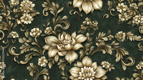 An elegant floral damask brocade, featuring intricately stylized lilies and chrysanthemums arranged symmetrically over a rich dark olive background.