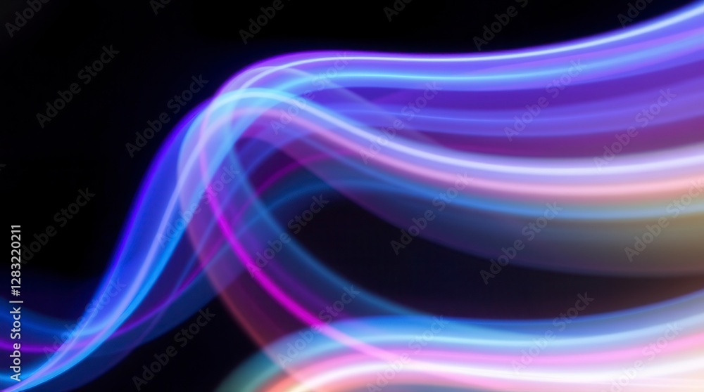 Naklejka premium Striking light painting featuring vibrant neon curves of pink, purple, and blue against black.