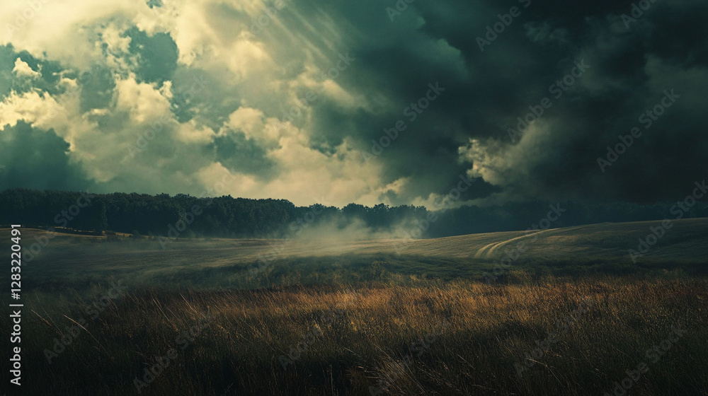 A dramatic scene featuring clouds over a rural field landscape A dramatic scene featuring clouds over a rural field landscape