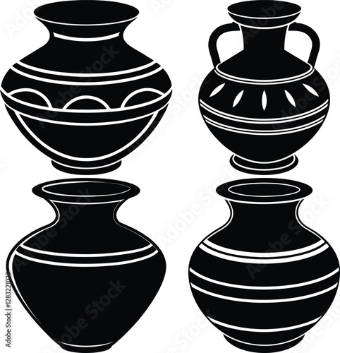 Classic Clay Pot Silhouette Vector Icon Set Perfect for Logos & Designs