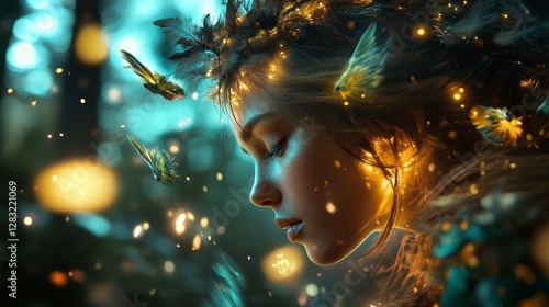 Feathered-haired woman soaring above luminescent forest, enchanting scene of vibrant nature and magical elements