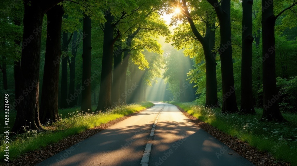 Obraz premium Serene sunlit pathway through a verdant canopy of trees, shadows dancing on the road ahead