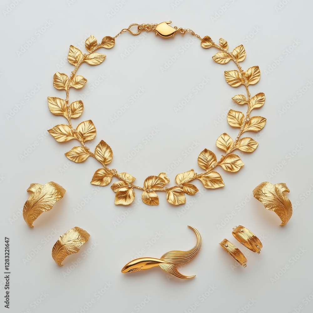 Golden Leaf Adorned Jewelry Set Elegant Necklace Bracelets Rings on White Background Golden Leaf Adorned Jewelry Set Elegant Necklace Bracelets Rings on White Background