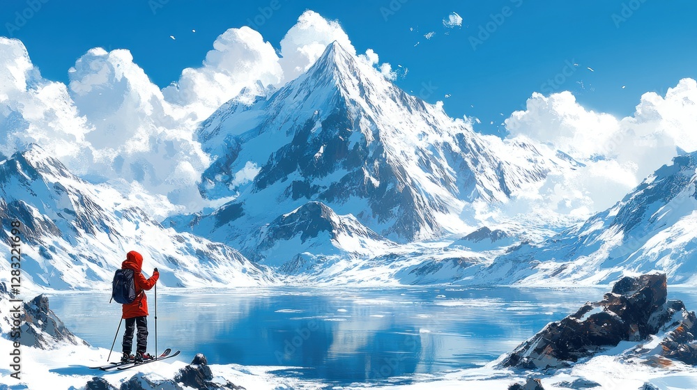 Solo hiker with backpack and skis admires a majestic snow-capped mountain reflecting in a frozen lake under a vibrant blue sky. Solo hiker with backpack and skis admires a majestic snow-capped mountain reflecting in a frozen lake under a vibrant blue sky.