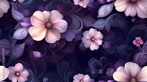 An intricate floral scrollwork design, where delicate white and soft pink flowers flow gracefully along curling vines over a deep aubergine background.