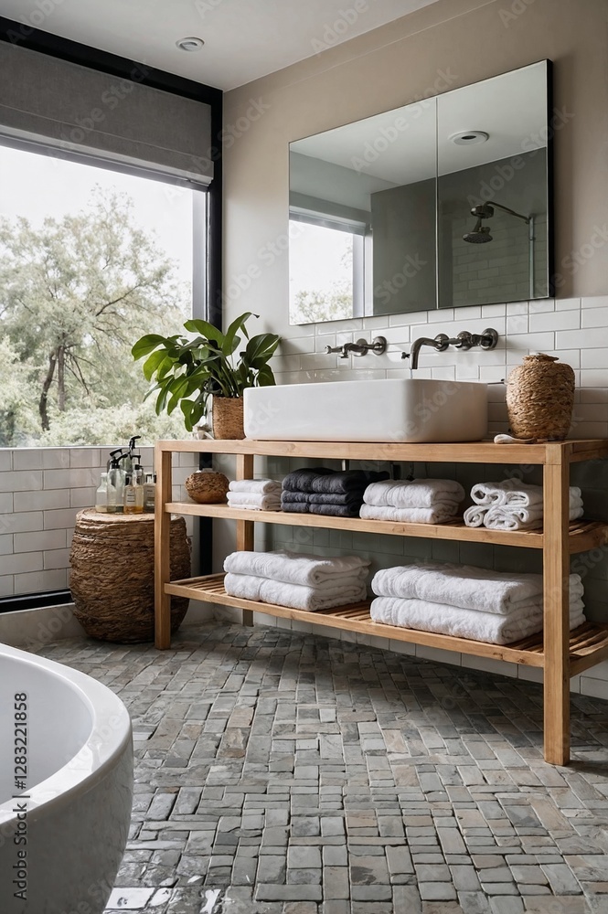 Naklejka premium Serene Scandinavian Bathroom with Floating Wooden Vanity, Rainfall Shower, and Natural Elements Mock Up