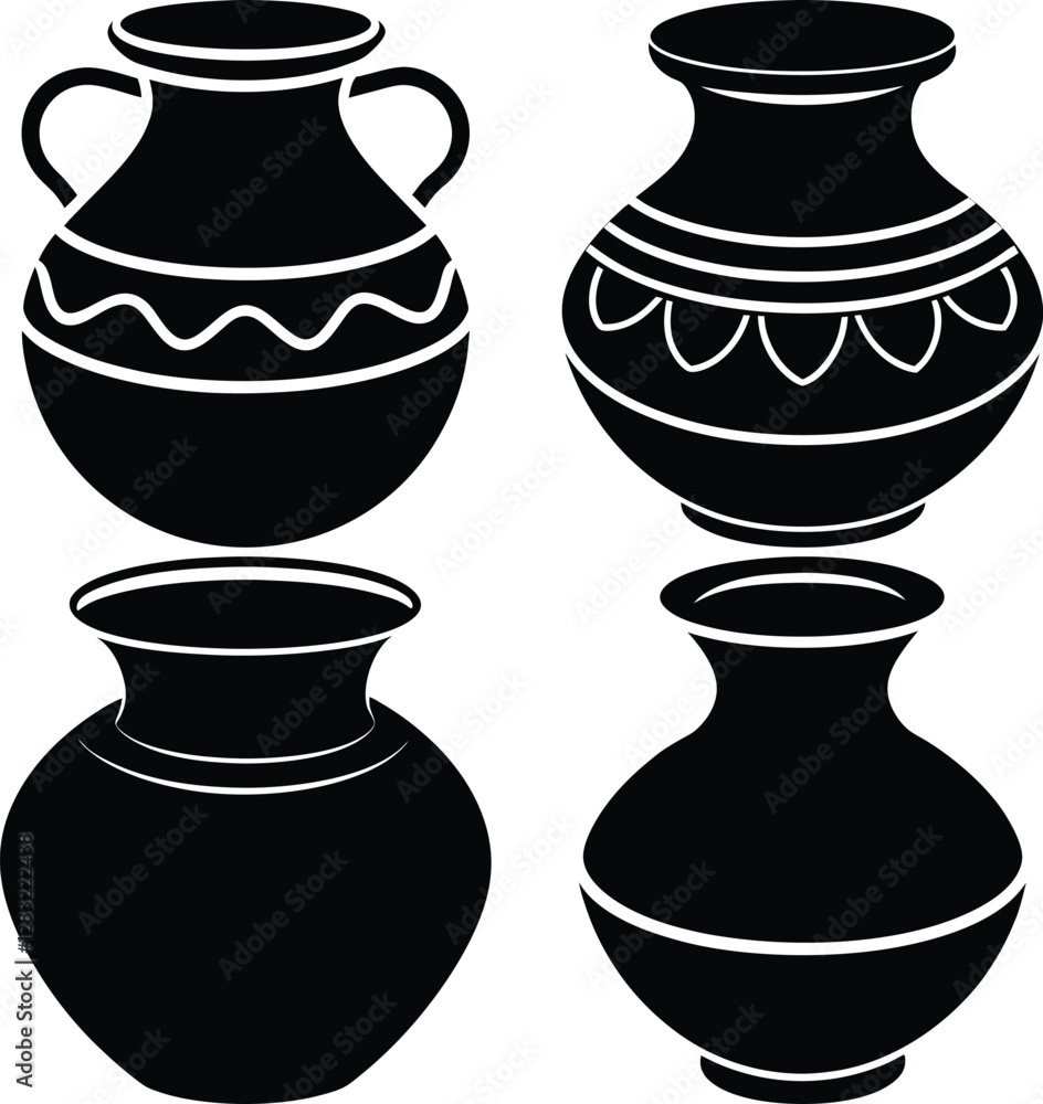 Classic Clay Pot Silhouette Vector Icon Set Perfect for Logos & Designs Classic Clay Pot Silhouette Vector Icon Set Perfect for Logos & Designs