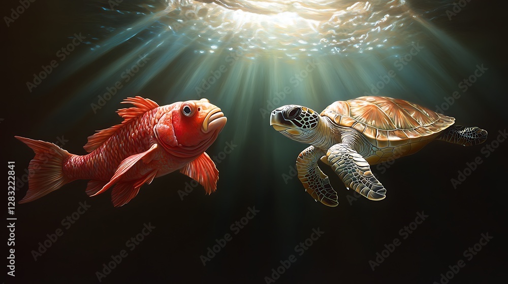 Fototapeta premium Colorful Fish and Sea Turtle Swimming Underwater with Sunbeams Creating a Tranquil Marine Scene