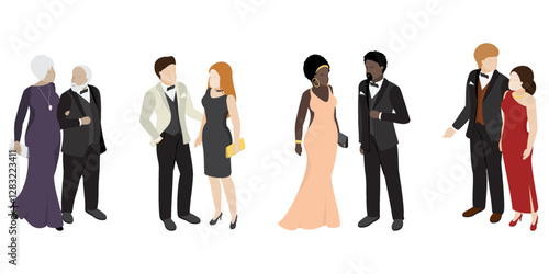 Couples of different ages and races wearing evening formal wear to celebrate event, party, wedding. Happy men and women in gorgeous clothes. Vector illustration in isometric style without face.